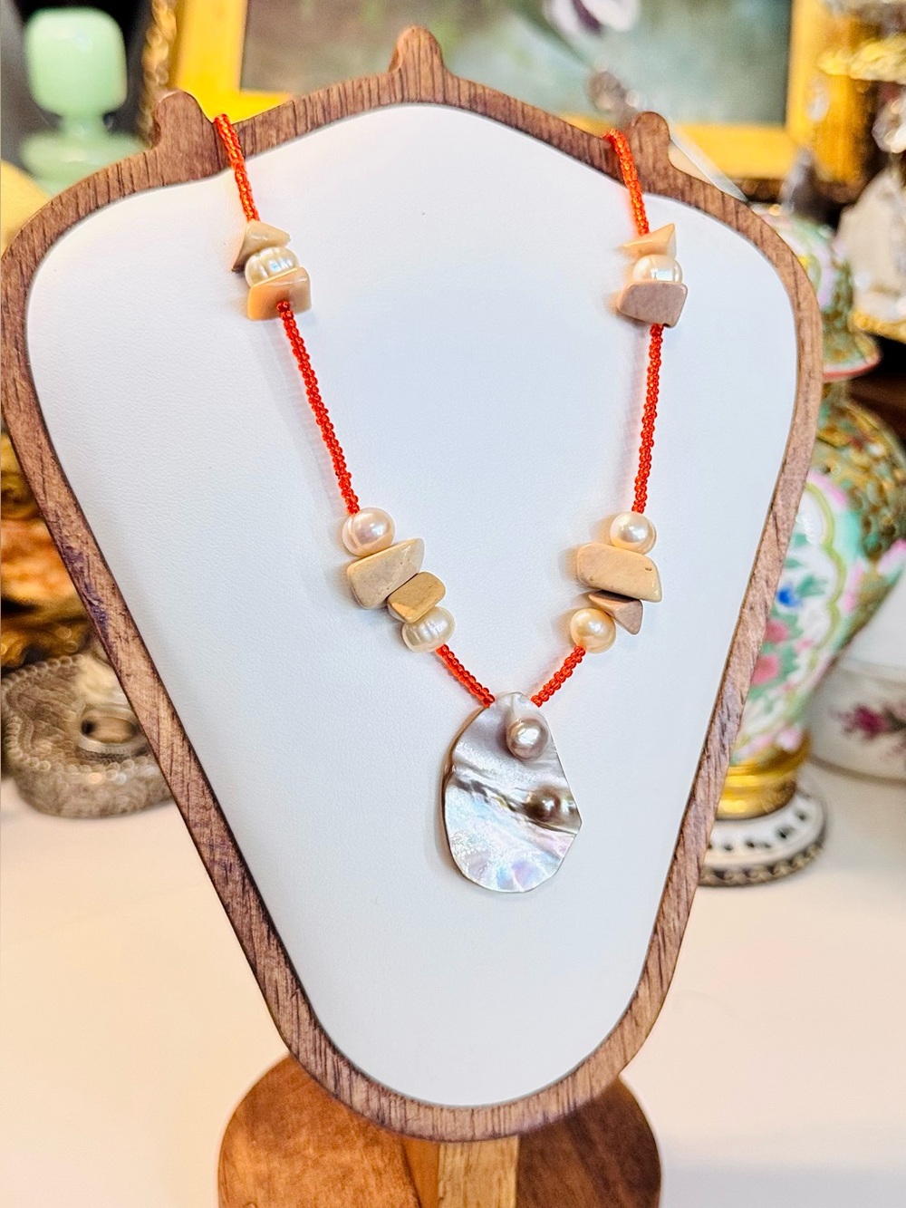 Boho Iridescent Blister Pearl & Jasper Bead Statement Necklace – 18” Handcrafted